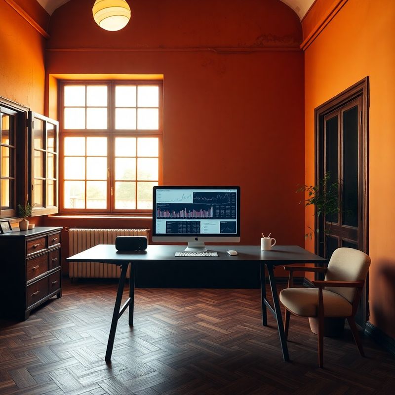 Interiorul unui birou minimalist într-o clădire istorică din Sibiu, cu pereți ocru și mobilier din lemn