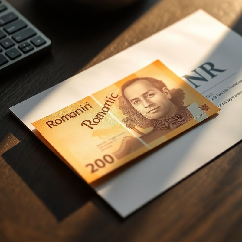 Bancnotă românească și un document BNR despre rata dobânzii, pe un birou în tonuri de ardezie